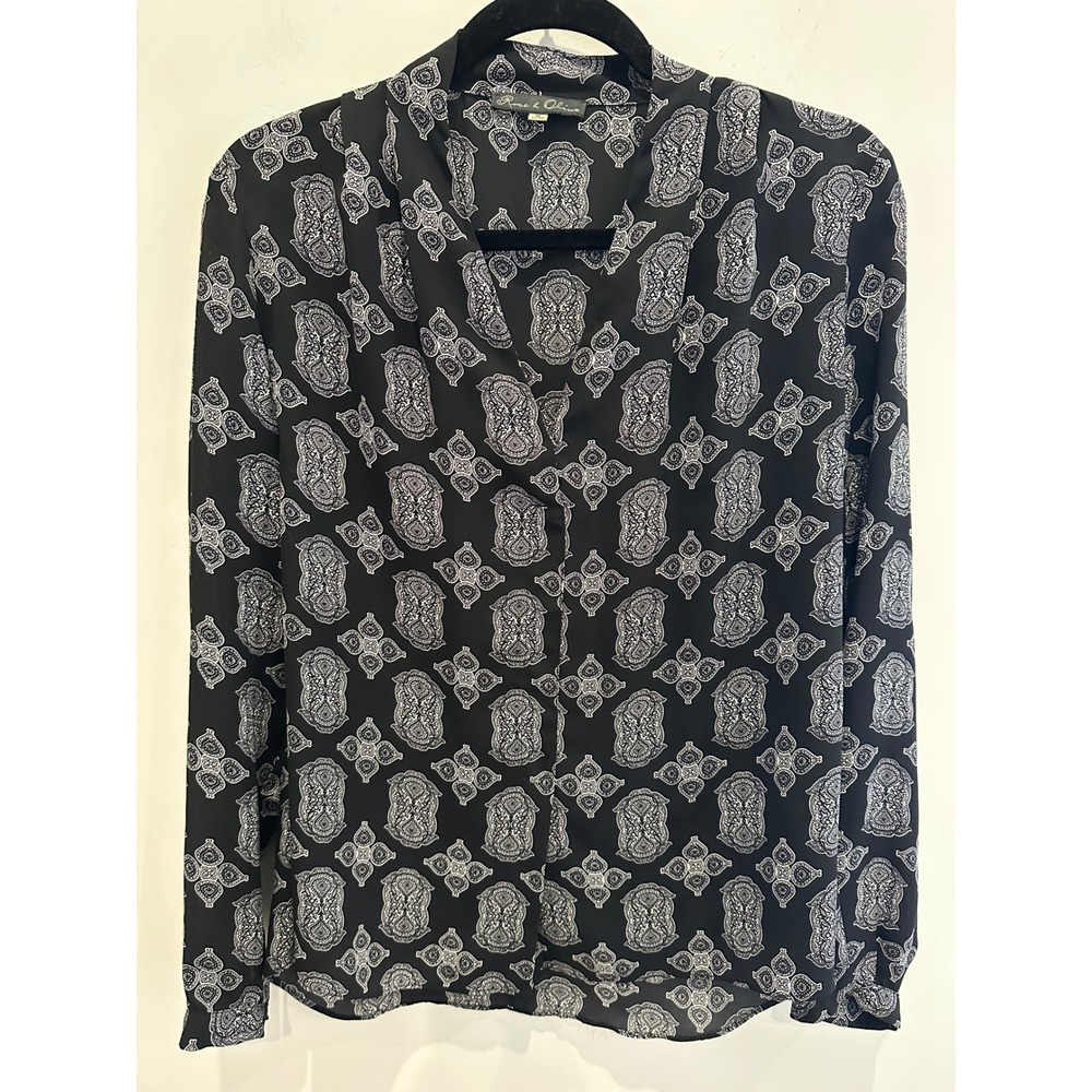 Rose & Olive Womens Black White Paisley V-Neck Long Sleeve Blouse Size M